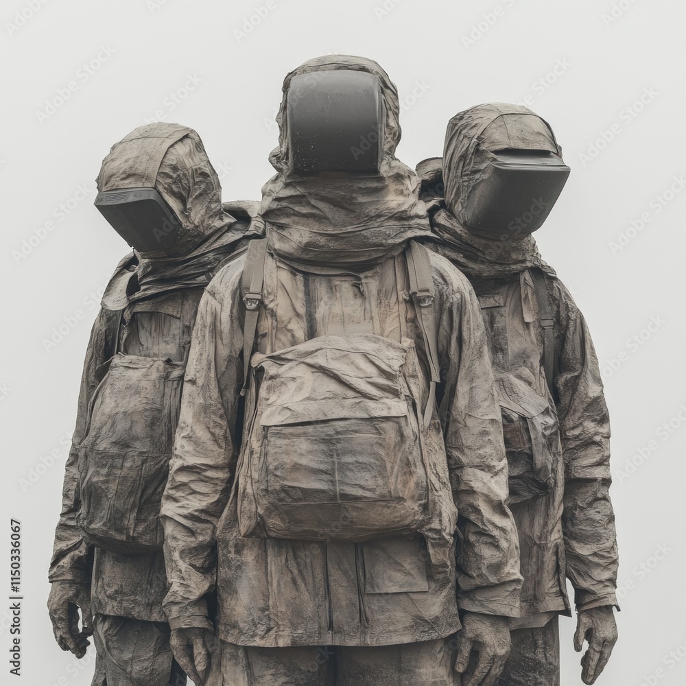 Three hooded figures stand with backpacks, faces covered, in a neutral scene. Three hooded figures stand with backpacks, faces covered, in a neutral scene.
