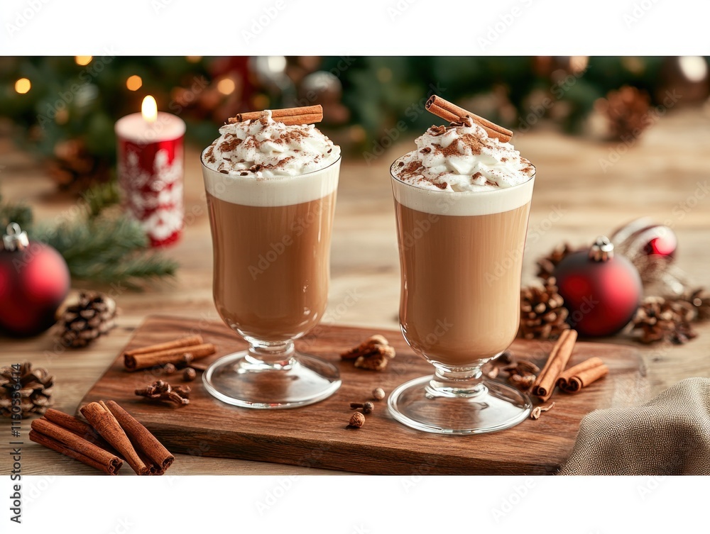 Two festive drinks topped with whipped cream and cinnamon, set against a holiday backdrop. Two festive drinks topped with whipped cream and cinnamon, set against a holiday backdrop.