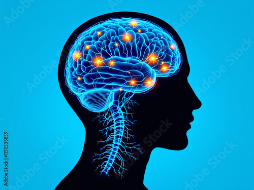 Silhouette of a human head with an illuminated brain and neural network, depicting cognitive activity.