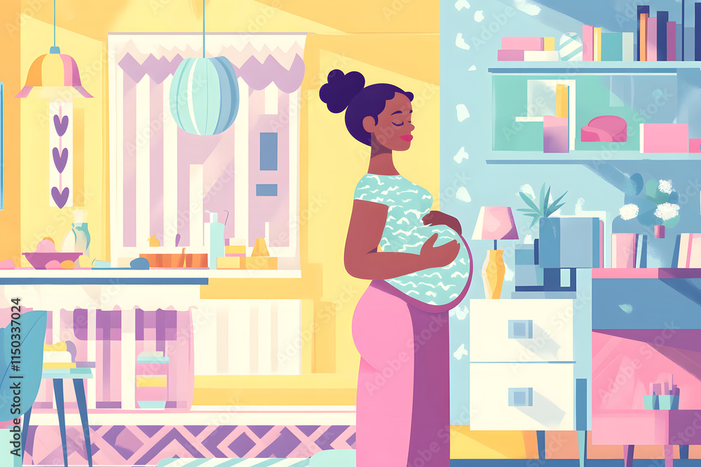 Colorful Illustration of Mother with Baby in Nursery Colorful Illustration of Mother with Baby in Nursery