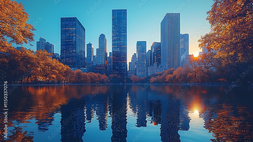 Obraz premium Autumnal Skyline Reflection Over Cityscape Water
