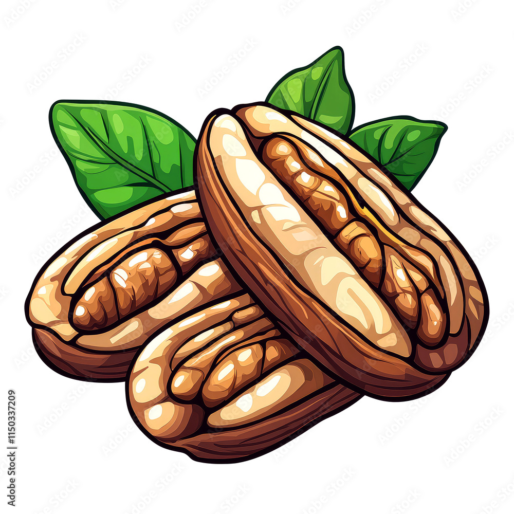 Fototapeta premium Three pecan halves with leaves.