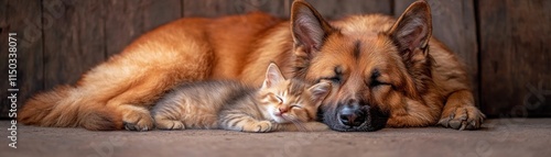 Explore the heartwarming image of a Loving embrace of a sleeping dog and cat with a serene kitten, unity captured Witness the peaceful interspecies friendship as the golden dog and a tabby kitten nap photo