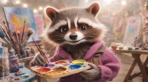 Explore the whimsical world of art with a cheerful raccoon holding a paint palette, surrounded by vibrant, surreal artwork in a cozy studio This delightful image captures the essence of creativity photo