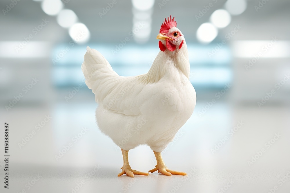 Fototapeta premium A genetically enhanced chicken with unusually bright plumage standing in a controlled farming facility, surrounded by advanced equipment