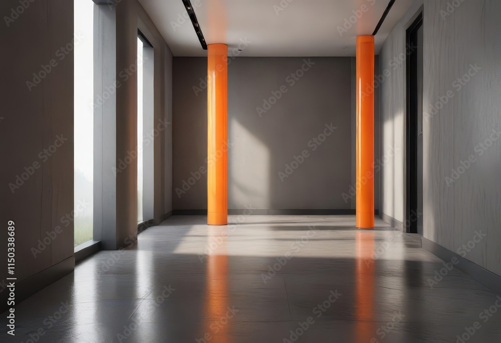 Fototapeta premium Glass walled hallway with orange pillar column , design, marble