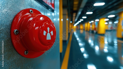 A red emergency button is mounted on a wall in a modern corridor, illuminated by bright lights reflecting off the shiny floor.