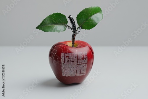 A genetically modified apple with perfect skin and a futuristic barcode etched on its surface