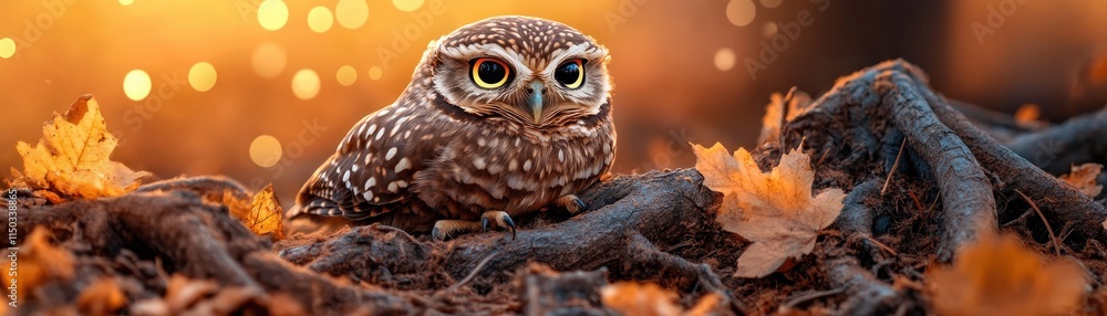 Obraz premium Observe the marvel of nature with this exquisite image featuring a camouflaged owl hiding among tree roots, it's subtle colors matching the environment perfectly, a stealth predator waiting in the