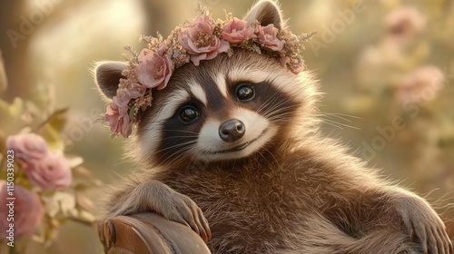 Whimsical woodland scene featuring a stylish raccoon wearing a delicate floral crown This charming raccoon sits gracefully in a vintage armchair, surrounded by nature's beauty Capture the elegance of photo