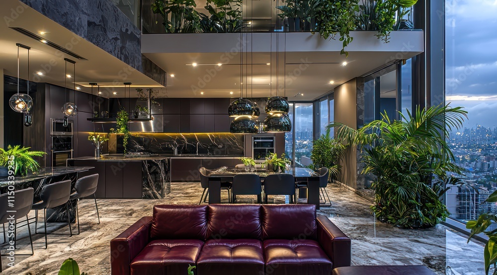 A modern double-height living room with an open kitchen,dark gray and burgundy leather furniture,