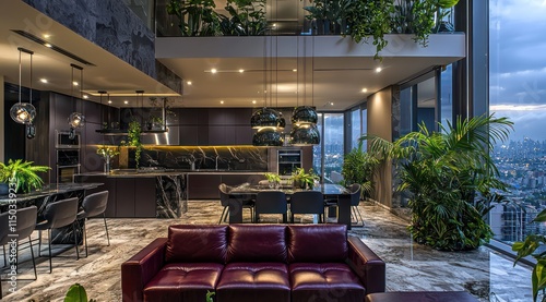Obraz na płótnie A modern double-height living room with an open kitchen,dark gray and burgundy leather furniture, w salonie