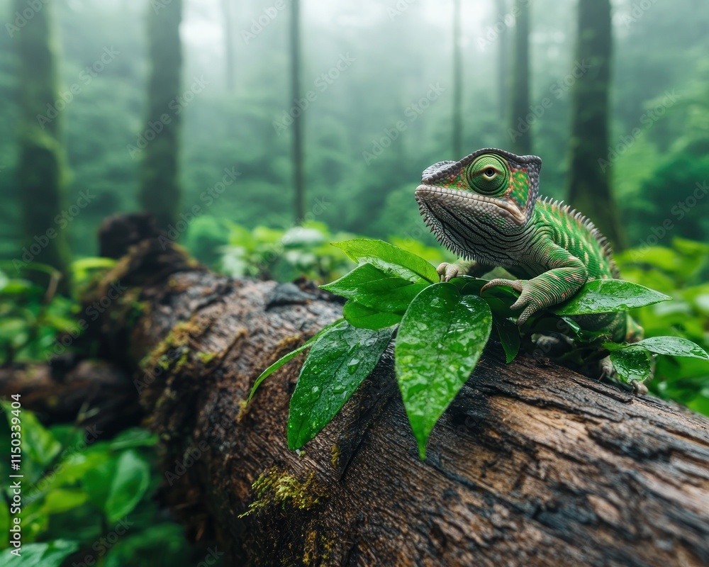 Obraz premium Witness the captivating agility of a Chameleon mid-stride on a rainforest branch, a master of arboreal movement and survival This close-up showcases its remarkable adaptability and camouflage