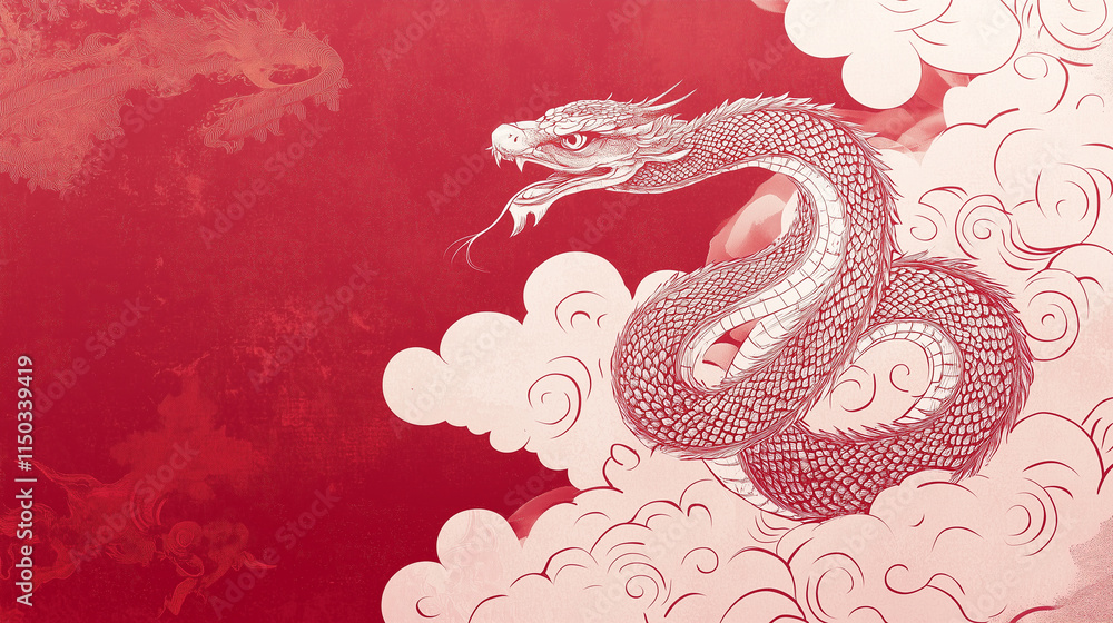 Snake slithering through traditional Chinese clouds with a crimson gradient background Chinese zodiac, year of the snake Snake slithering through traditional Chinese clouds with a crimson gradient background Chinese zodiac, year of the snake