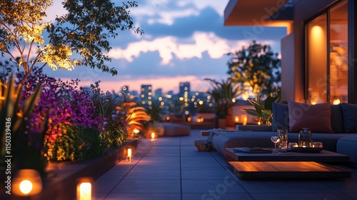 Serene Evening Terrace with City Views and Soft Lighting