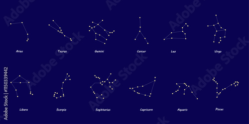 Zodiac constellations. Astrological symbols.  Twelve signs of the zodiac, horoscope