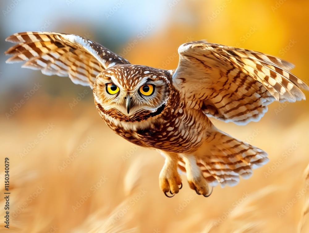 Obraz premium Witness the majesty of a nocturnal owl mid-flight above an open field, its wings extended in a display of predator grace in motion This image captures the essence of nature's beauty, showing the