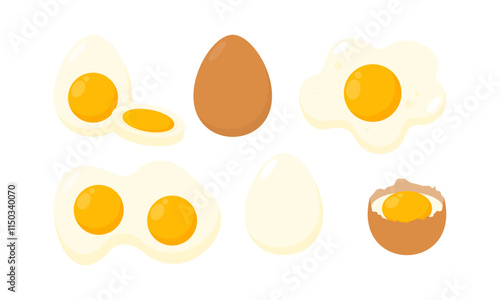 Set of Eggs Flat Illustration. Organic Farm Eggs in Different Forms. Cooked Eggs, Boiled, Fried, Raw and Pan Eggs Collection