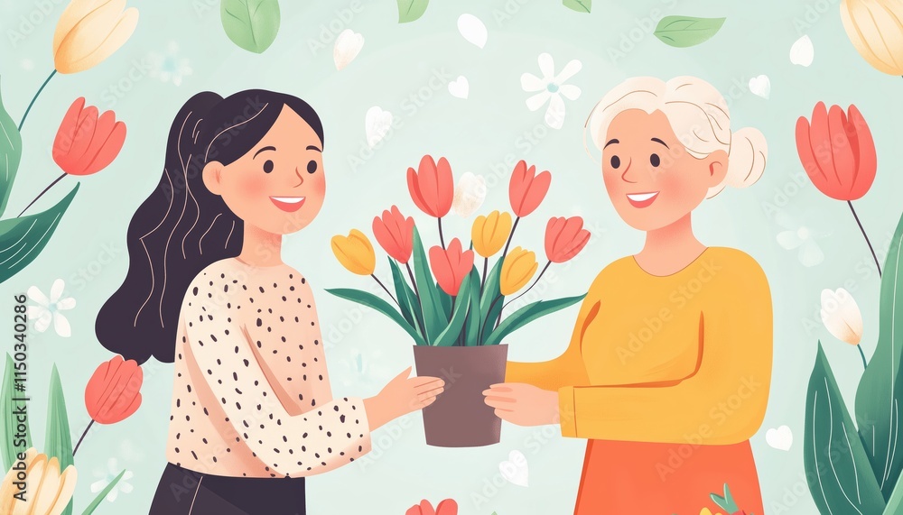 Celebrating Women'S Day: Child Daughter Greeting Mom And Granny With Tulip Flowers, Smiling And Hugging In Family Togetherness. Celebrating Women'S Day: Child Daughter Greeting Mom And Granny With Tulip Flowers, Smiling And Hugging In Family Togetherness.