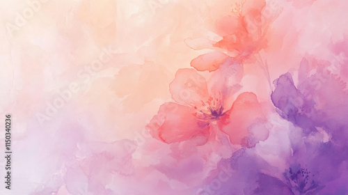 Fototapeta Naklejka Na Ścianę i Meble -  Soft watercolor florals in pastel tones, subtly scattered across a pale grayish-white background,