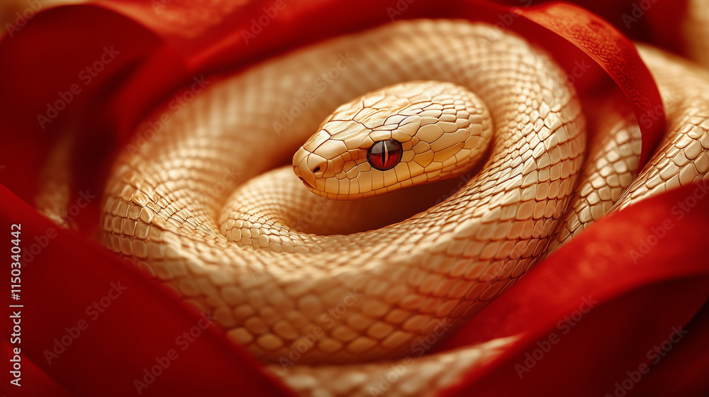 Fototapeta premium Golden snake coiling gracefully with a bold red ribbon flowing in the background Chinese zodiac, year of the snake