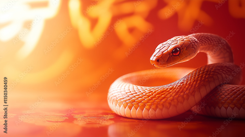 Fototapeta premium Coiled snake resting on a vibrant red and orange gradient with bold Chinese characters Chinese zodiac, year of the snake