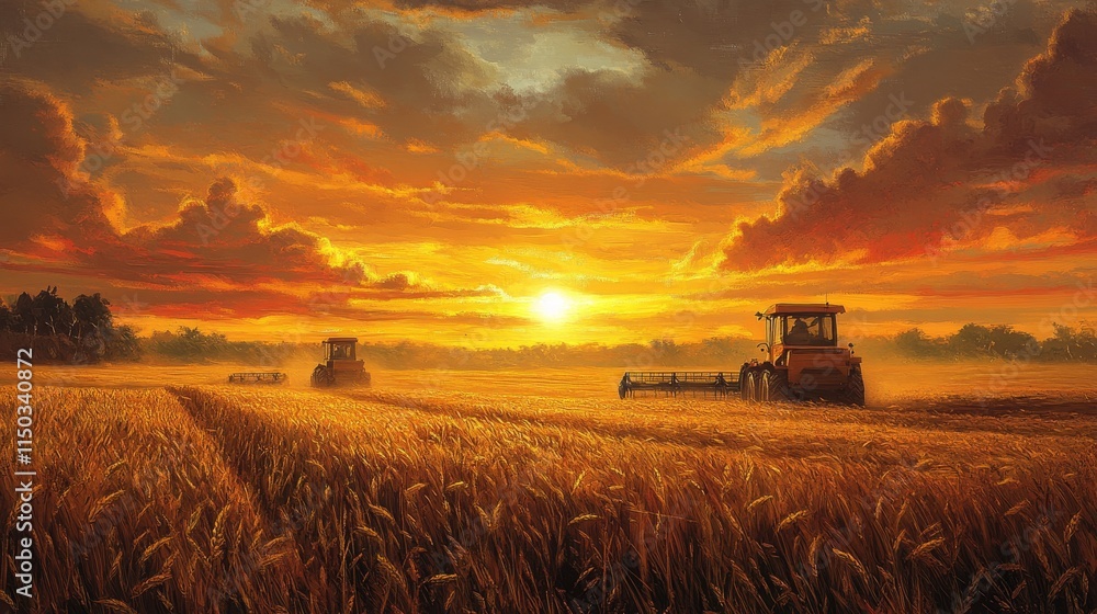 Fototapeta premium Golden Wheat Fields at Sunset With Tractors Harvesting Under a Vibrant Sky Showcasing Warm Hues and Dramatic Clouds