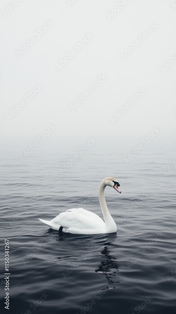 A serene swan glides gracefully across a calm, misty water surface. A serene swan glides gracefully across a calm, misty water surface.