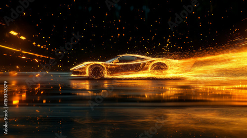 Dynamic sports car emitting sparks and golden light trails