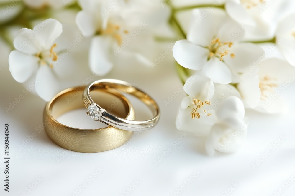 Delicate Wedding Rings Beside Floral Arrangements Delicate Wedding Rings Beside Floral Arrangements