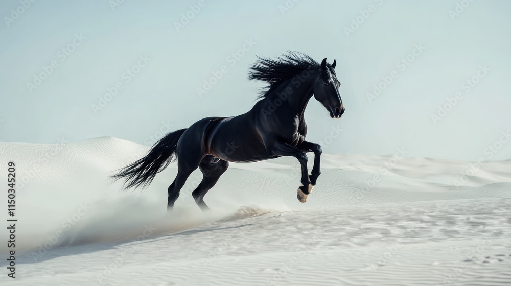 Fototapeta premium Majestic Black Stallion Galloping Across the Arabian Desert