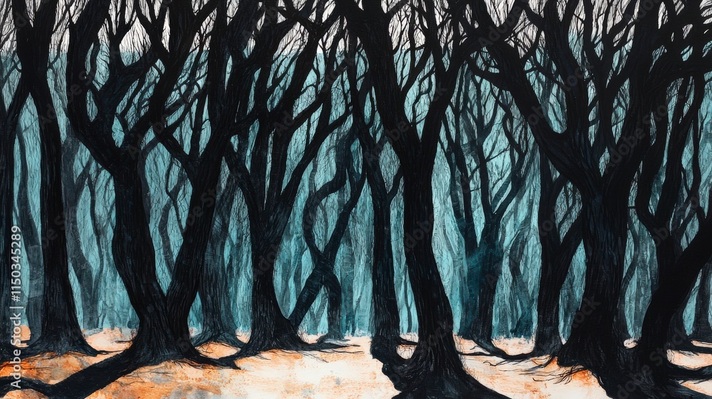 Naklejka premium Mysterious forest exploration enchanted grove digital art shadowy trees atmospheric surreal concept