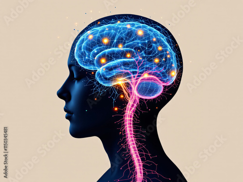 Silhouette of a human head with an illuminated brain and neural network, depicting cognitive activity.