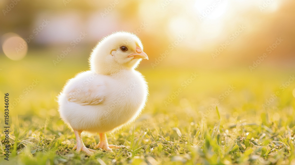 Adorable chick standing on grassy field during golden hour lighting Adorable chick standing on grassy field during golden hour lighting