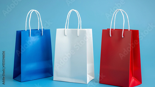 Three colorful shopping bags in blue, white, and red stand against a solid blue background, showcasing a vibrant and cheerful shopping theme.
