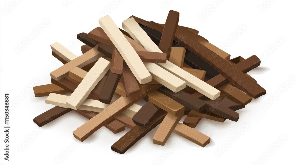 Pile of small, assorted brown and beige wooden sticks isolated on white background.