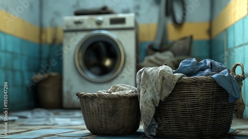 Laundry baskets in a vintage washroom.