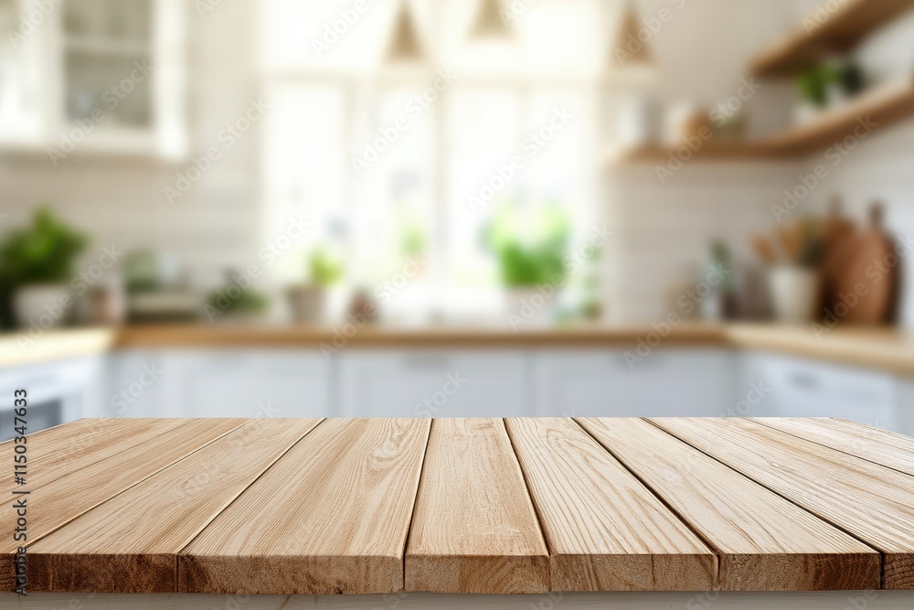 Empty light wood table in blurred bright kitchen background. Empty light wood table in blurred bright kitchen background.