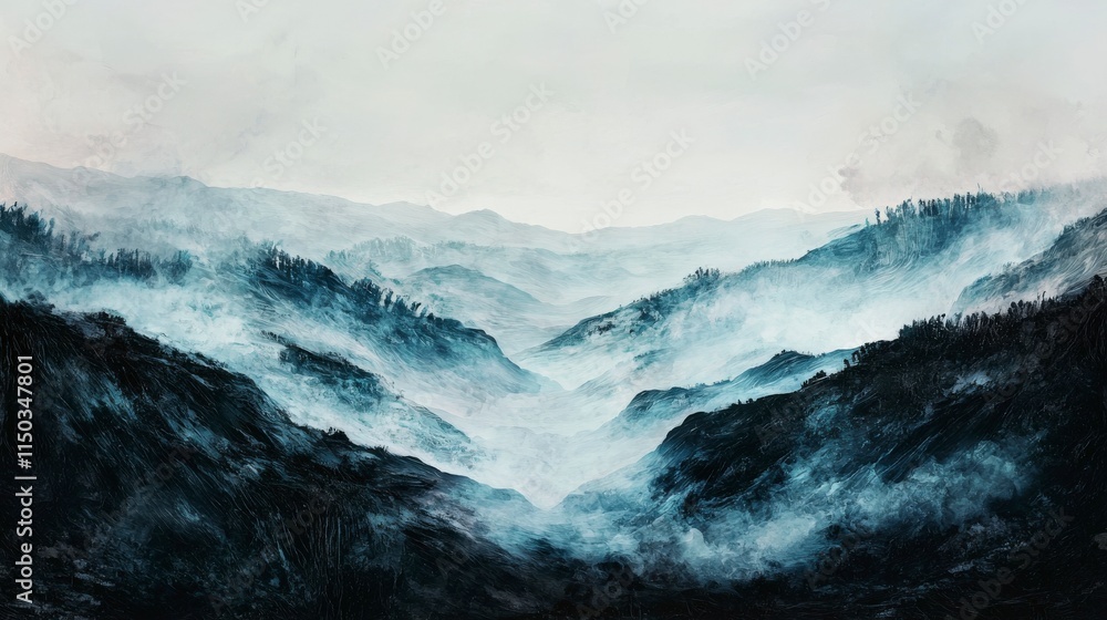 Misty landscape fading horizon mountain range digital art tranquil atmosphere wide angle serenity and nature Misty landscape fading horizon mountain range digital art tranquil atmosphere wide angle serenity and nature