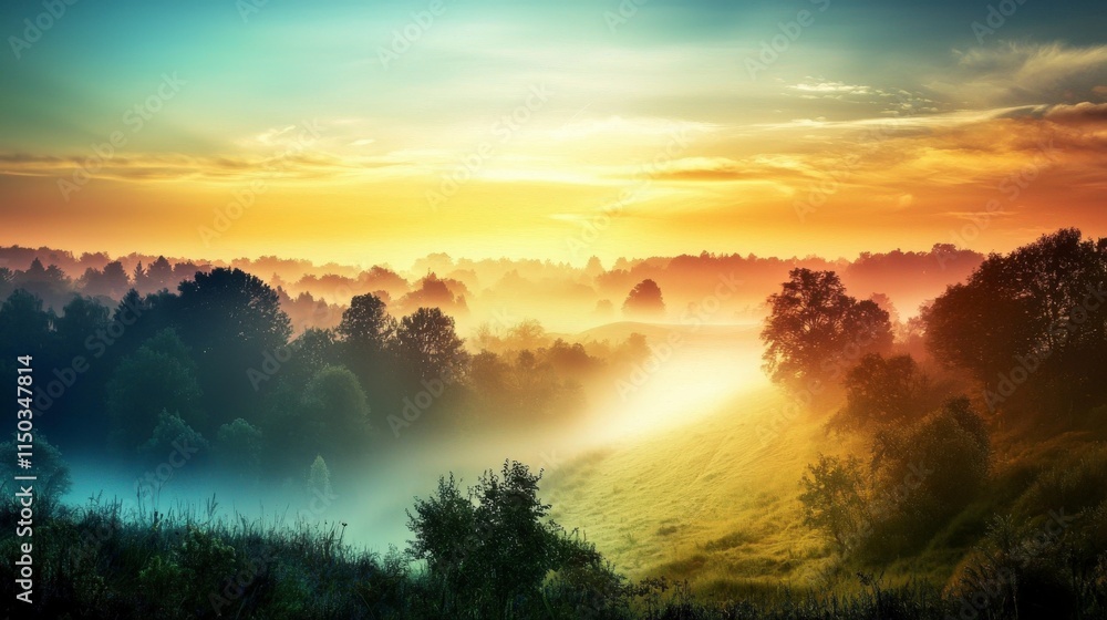 Obraz premium Misty sunrise over a serene landscape nature photography foggy horizon tranquil environment scenic viewpoint