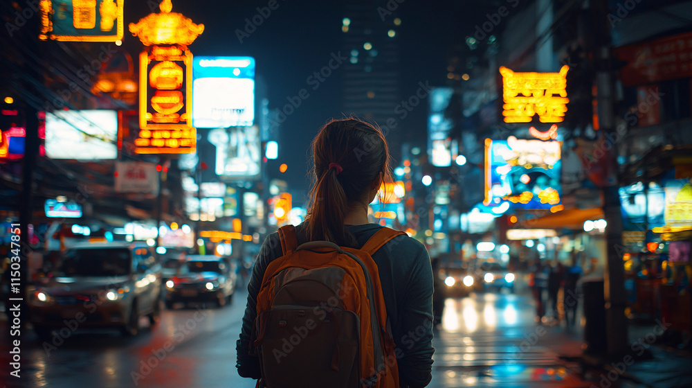 Naklejka premium A person with a backpack stands in a vibrant, illuminated street at night, surrounded by colorful neon signs and bustling city life.