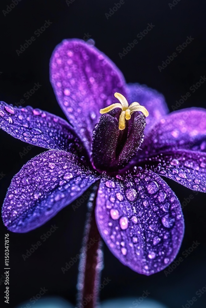 A close-up of the stamens and petals inside a purple anemone flower, with dewdrops on them, against a dark background. A close-up of the stamens and petals inside a purple anemone flower, with dewdrops on them, against a dark background.