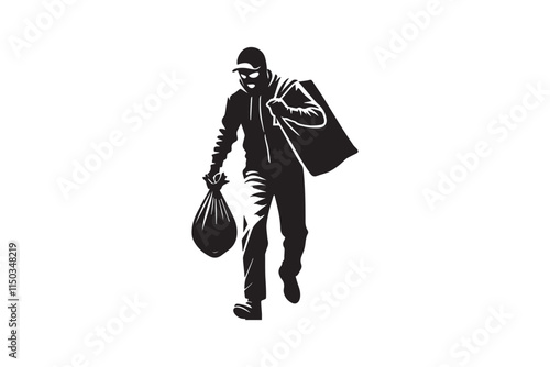 minimalist a thief carrying a bag vector silhouette black color in white background