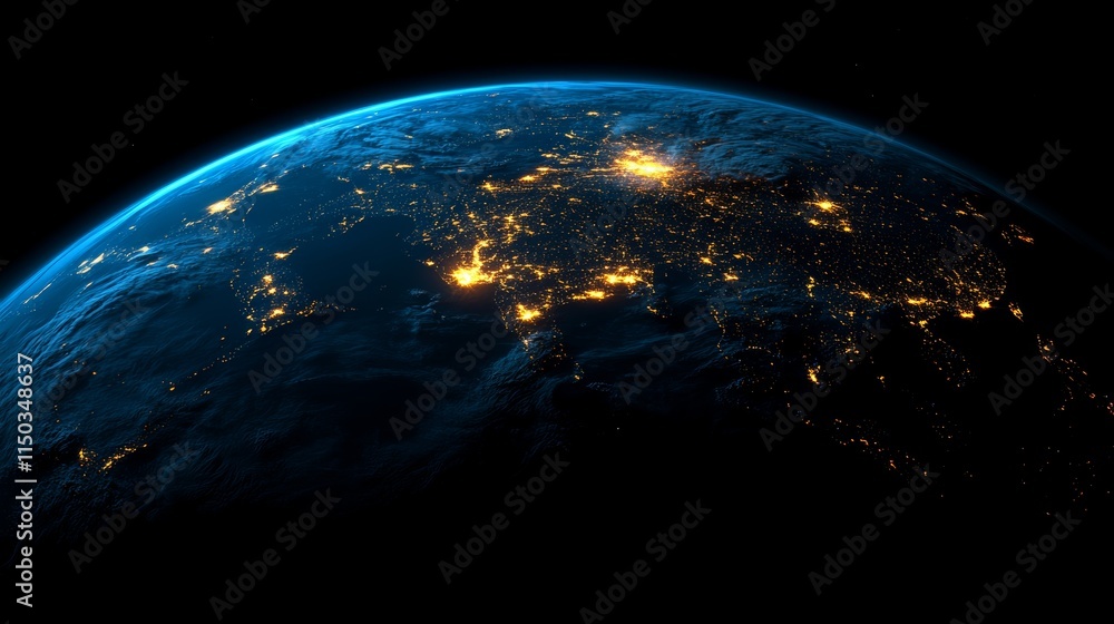 View of Earth From Space Showing City Lights and Natural Features at Night, Highlighting Human Activity and Geography View of Earth From Space Showing City Lights and Natural Features at Night, Highlighting Human Activity and Geography