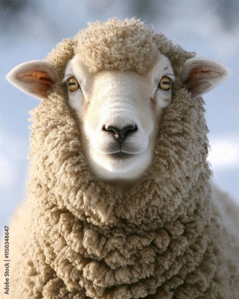 A close-up of a fluffy sheep with a soft expression against a snowy background.