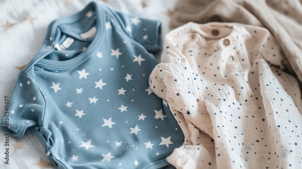 A close-up of baby on the bed: a blue onesie with a white star pattern and a light plaid shirt. A close-up of baby on the bed: a blue onesie with a white star pattern and a light plaid shirt.