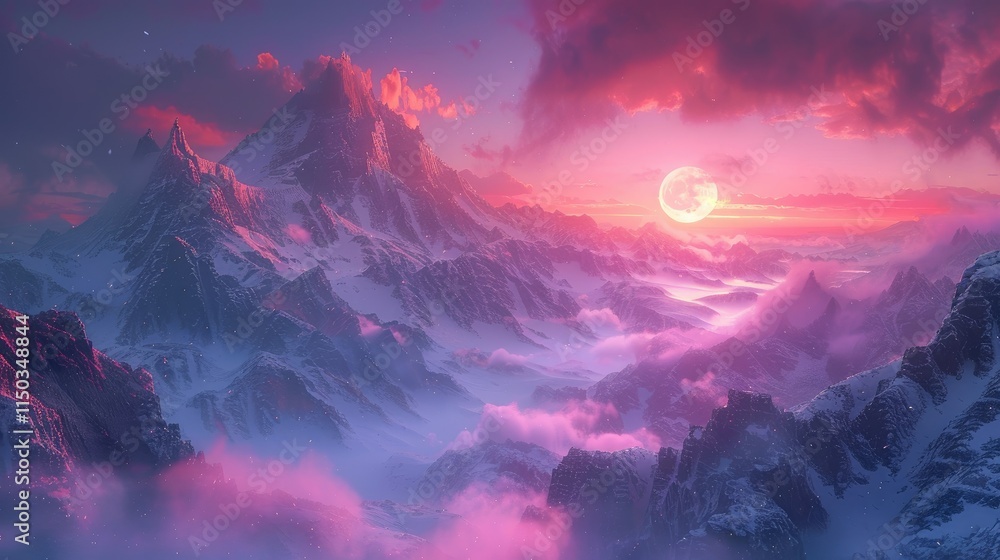 Snowy peaks of a mountain range against a pink sky Snowy peaks of a mountain range against a pink sky