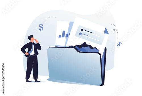 Financial illustration set. Characters investing money in stock market. People analyzing financial graphs, latest stock