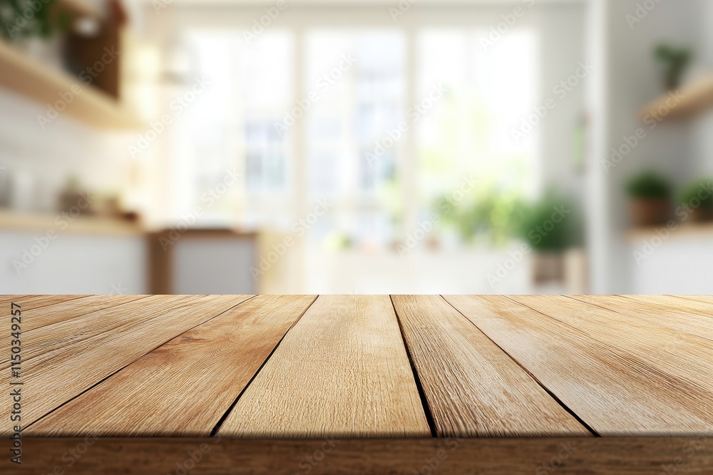 Empty wooden table in blurred bright kitchen background. (4) Empty wooden table in blurred bright kitchen background. (4)
