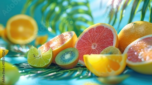 Slices of exotic tropical fruits against a bright, sunny backdrop